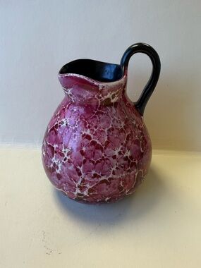 Vintage Czech Registered Coronet Pottery Pitcher Marble Burgundy w Black Handle.